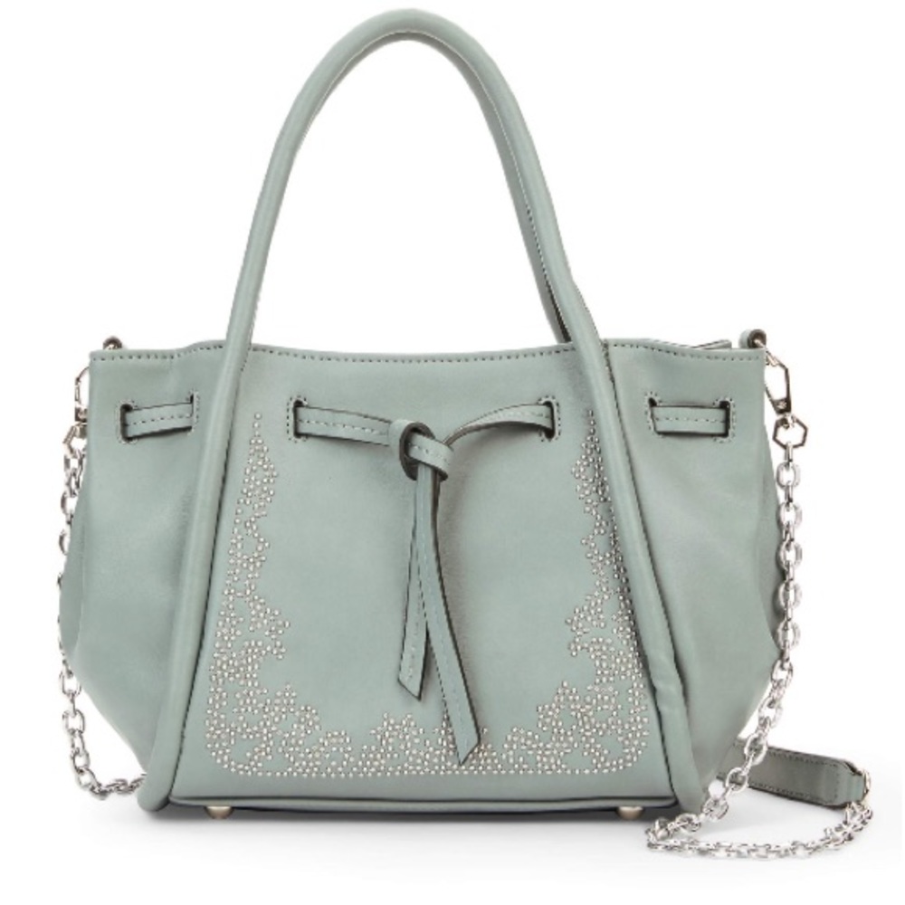 Sage green chain strap crossbody purse with silver rivet detailing